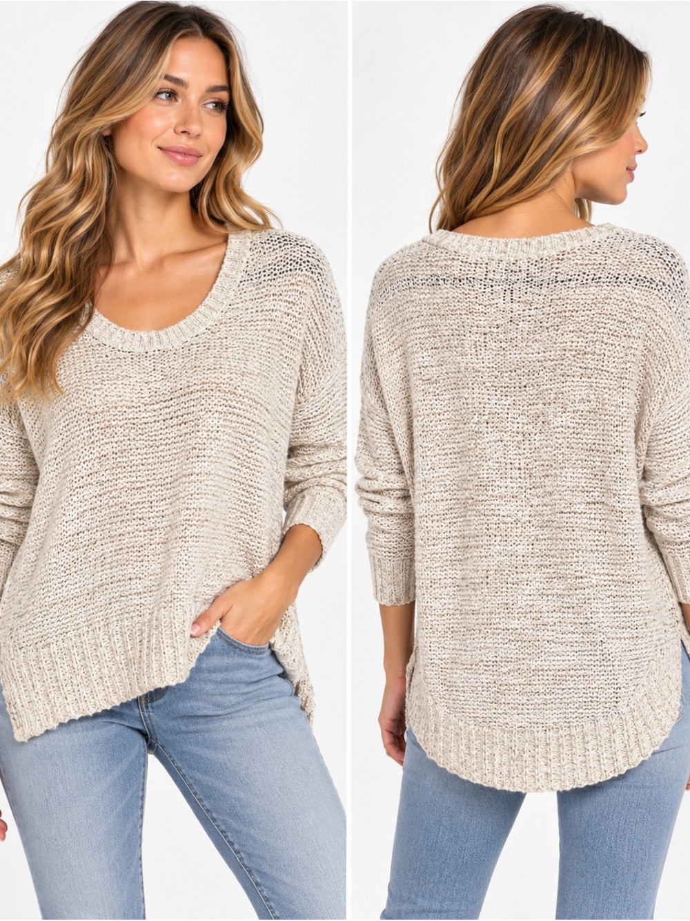 American Eagle Cream Marled Open Knit Oversized Sweater L